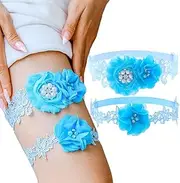 [Fstrend] Wedding Leg Garter Belt Set Lace Floral Garters Pearls Blue Leg Accessories for Bridal and Bridesmaid, Blue, Medium