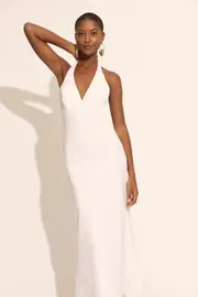 paola halter linen midi dress in orchid wht