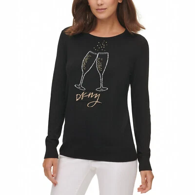 DKNY Womens Black Graphic Rhineston Embellished Long Sleeve Pullover Sweater 2XS
