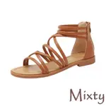 【MIXTY】低跟涼鞋 羅馬涼鞋/細緻交叉縷空線繩設計低跟羅馬涼鞋(棕)