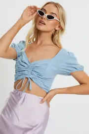 Blue Short Sleeve Ruched Draw String Crop Top - Size 12, Women's Crop Top