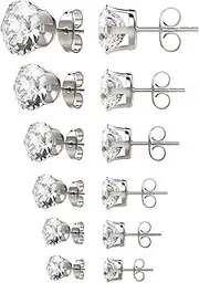 [UHIBROS] Womens Stainless Steel Stud Earrings Set Hypoallergenic Pierced Cubic Zirconia 6 Pairs 3-8mm