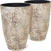 Worth Garden 9 Gallon Tall Round Planters Set of 2-14" Dia x 21" H Tree Pots for Outdoor Plants - Large Imitation Stone Finish Flower Pots Indoor Decorative Container Garden Patio Unbreakable Beige