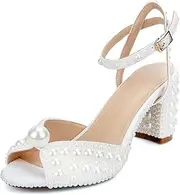 [Goolita] Full Pearl Heels For Women Block Buckle Ankle Strap Heeled Sandals Rhinestone Open Toe Evening Bridal Shoes For Wedding