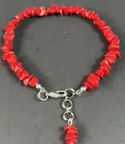 Natural Red Coral Anklet Handmade Boho Beaded Raw Gemstone Chip Summer Beach