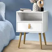 [OIKITURE] Wooden Bedside Table with Drawer and Cabinet Side Table Storage Unit Bedroom Furniture White