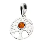 Amber Tree of Life Pendant Solid Sterling Silver 925 Hallmark 18" Chain