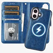Bocasal for iPhone 16 Wallet Case Compatible with MagSafe Wireless Charging, RFID Blocking Magnetic Leather Case with Card Slots Holder Kickstand Detachable Wrist Strap 6.1 Inch (Blue)