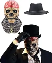 ABONDEVER Skeleton Biochemical Mask Halloween Scary Latex Mask for Adult Realistic Full Head Skull Mask with Fedora Hat Party Cosplay