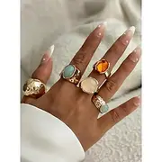 Women's Gold Vintage Gemstone Ring Set - Multi-piece set of statement chunky rings with hammered texture and colorful resin gemstones, Suitable for office,, Vi