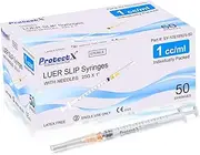 ProtectX 50 Pack 1ml/cc syringe with 25G 1 Inch Needle Luer Slip Disposable Syringe for Scientific Labs, Industrial Dispensing Animal and Pet Supplies, Individually Sealed Packed