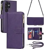 [ELTEKER] Case for Samsung Galaxy S23 Ultra Flip Case, Mobile Phone Case Galaxy S23 Ultra with Neck Strap [9 Card Slots], Mobile Phone Leather Case for Samsung Galaxy S23 Ultra, Purple