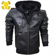 RIDERACT® Men's Leather Motorcycle Jacket Black with Hood Stinger Moto Jacket