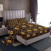 Sunflower Rustic Style Bed Sheet Set Twin Size,Yellow Red Flowers Garden Plant Fitted Sheet + 1 Flat + 1 Pillowcases,Leaves Botanical Nature Lover Breathable Bed Mattress Cover, Bedroom Decor