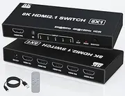 HDMI Splitter 120Hz 4k - 5 in 1 Out 8K HDMI 2.1 Switch Box Port Expander Selector with Remote Support 3D/HDR/HDCP2.3, Compatible with PS 5/4/3 Xbox Switch DVD Player TV PC 4k 120Hz hdmi Splitter
