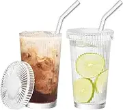 Glass Tumbler with Lid and Straw,Clear Ribbed Iced Coffee Cup,Vintage Drinking Jar Glasses,Fluted Glassware for Juice Smoothie Water Milk Soda,12.5 oz,Set of 2,Dishwasher Safe
