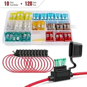 Nilight - 50029R 120 Pcs Standard Blade Fuse 5A/7.5A/10A/15A/20A/25A/30A AMP Assorted Set with 10 Pack 14AWG ATC/ATO Inline Fuse Holder, 1 Count (Pack of 10)