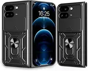 [UPLAI] Case for Google Pixel 9 Pro Fold, Slim Shockproof Armour Mobile Phone Case with Sliding Camera Cover and Magnetic Ring Stand, PC + TPU Durable Protective Case, Black