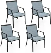 Costway 4 Piece Patio Dining Chairs, Large Outdoor Chairs w/Breathable Seat & Metal Frame, Ergonomic Back & Armrests, High Backrest Armchairs for Porch, Backyard, Lawn (Blue)