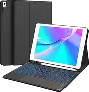CHESONA iPad Keyboard 9th Generation, 7 Color Backlit, Multi-Touch Trackpad, Built-in Pencil Holder, 2 Bluetooth Channels, Flip Stand Keyboard Case for iPad 9th/8th/7th Gen 10.2” Black