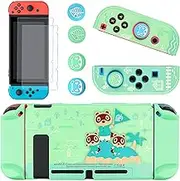 DLseego Dockable Protective Case Compatible with Nintendo Switch, Newest Pattern Animal Crossing Design [Baby Skin Touch] Cover with 2 pcs Glass Screen Protectors and 4 pcs Thumb Grips - Green
