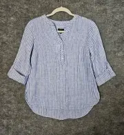 Talbots Top Womens P Blue White Pin Stripe Linen Henley Elbow Sleeve New
