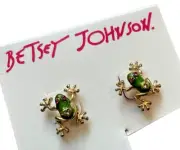 VNtg Betsey Johnson Goldtone Green Enamel Rhinestone Crystal Frog Stud Earrings