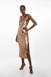 Sequin Deep Plunge Woven Midi Dress