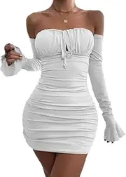 [Generic] Women's Off Shoulder Long Sleeve Ruched Bodycon Wrap Cocktail Club Party Mini Dress