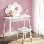 Kids Vanity Makeup Dressing Table Chair Set Wooden Mirror Drawer White