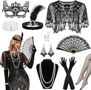 [Sekepingo] 1920s Accessories for Women Great Gatsby Flapper Shawl with Sequins 10 Pieces Accessories Set Peaky Blinders Costume