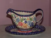 Polish Pottery Gravy Boat & Tray! UNIKAT Signature Paper Lanterns!