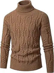 [Qolkmuiy-GJ] Men's Slim Fit Turtleneck Pullover Casual Warm Twisted Sweaters Solid Knitted Long Sleeve Sweatshirt