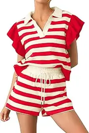 [Ymejia] Women Summer 2 Piece Short Sets Striped V Neck Flutter Short Sleeve Tops and High waist Wide Leg Shorts with Pockets