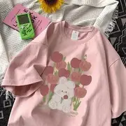 Short-Sleeve Crew Neck Rabbit Print Tee Pink - L
