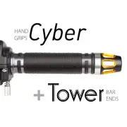 KiWAV Motorcycle Cyber Grips Dark Gray with Tower Bar Ends Gold/Silver