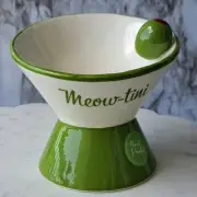 Luna & Sage Cat Drinking Water Tall Bowl "Meow-tini" Green/White Hand Painted