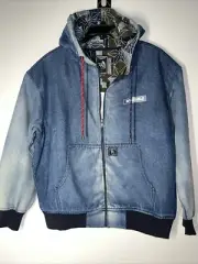 PRPS Blue Jean Denim Patchwork Zip Hoodie Reversible Bomber Flight Jacket Size M