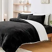 Dual-Sided Teddy Fleece Flannel & Sherpa Quilt Cover Set, Ultra Soft & Warm Reversible Double Size Duvet Cover, Doubles as a Standalone Blanket with Zipper Closure (3 Pieces, Black)