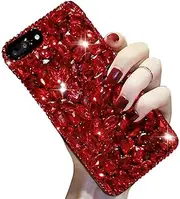 Bling Diamond iPhone 6S Plus Case 5.5'',Apple iPhone 6 Plus Bling Glitter Clear Crystal Full Diamonds Luxury Sparkle Transparent Rhinestone Protective Phone Case Cover with Bumper for Woman Girls-Red