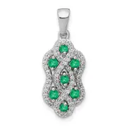 Solid 14k White Gold Twist Simulated CZ and Emerald Fancy Pendant