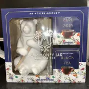 Ceramic Bear Honey Jar Set Lid & Wood Dipper 8” Plus 2 Boxes of Tea
