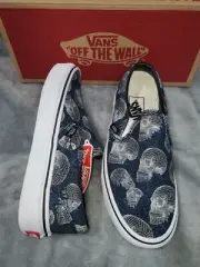 VANS CLASSIC SLIP-ON WIREFRAME SKULLS BLACK BLUE SHOES KIDS MENS US 5.5 WM 7