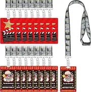 MotiMind 30 Sets Movie Night Party Favors Movie Night VIP Pass with Lanyards Bulk PVC Film VIP Pass with Filmstrip Caution Tape Lanyards for Film Birthday Theatre Cast Party Supplies