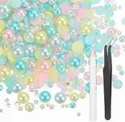 uxcell 100g Flatback Rhinestones, 3mm-10mm Mixed Rhinestones and Half Pearls with Pick Up Pen and Tweezer for Nail Art Crafts, Phone Case, Clothes DIY (Light Blue Pink)