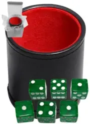 (6) 16mm Green Transparent Dice + Black PU Leather Red Felt Lined Cup Sealed Box