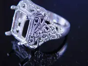6219 STERLING SILVER FILIGREE RING SETTING, 12X10MM EMERALD CUT STONE, SZ. 7.25