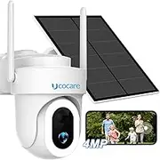 4MP QHD Solar Security Camera Outdoor Wireless WiFi, UCOCARE 360° PTZ Camera 15000mAh Larger Battery with 5W Solar Panel, 30m Colar Night Vision of 14 LEDs, Smart Motion Detection Alert, Alexa, IP67