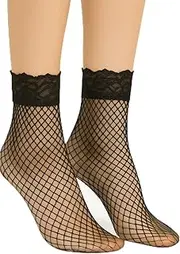 [MYSASI] Fishnet Ankle Socks with Lace Top, Ladies UK 3-8, Black and White, Pack of 2, Multipack