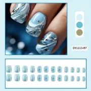 24 Pcs Delicate Blue Square Press-On Nails with Golden Striped Print